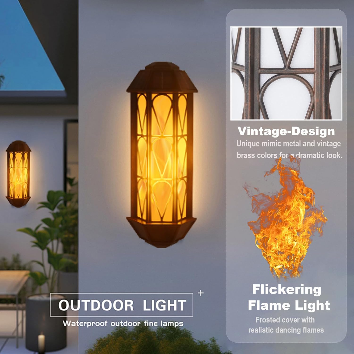 Vintage Solar Wall Lights with Flickering Flame Effect, Waterproof Outdoor Lighting for House Garden Patio - Set of 2