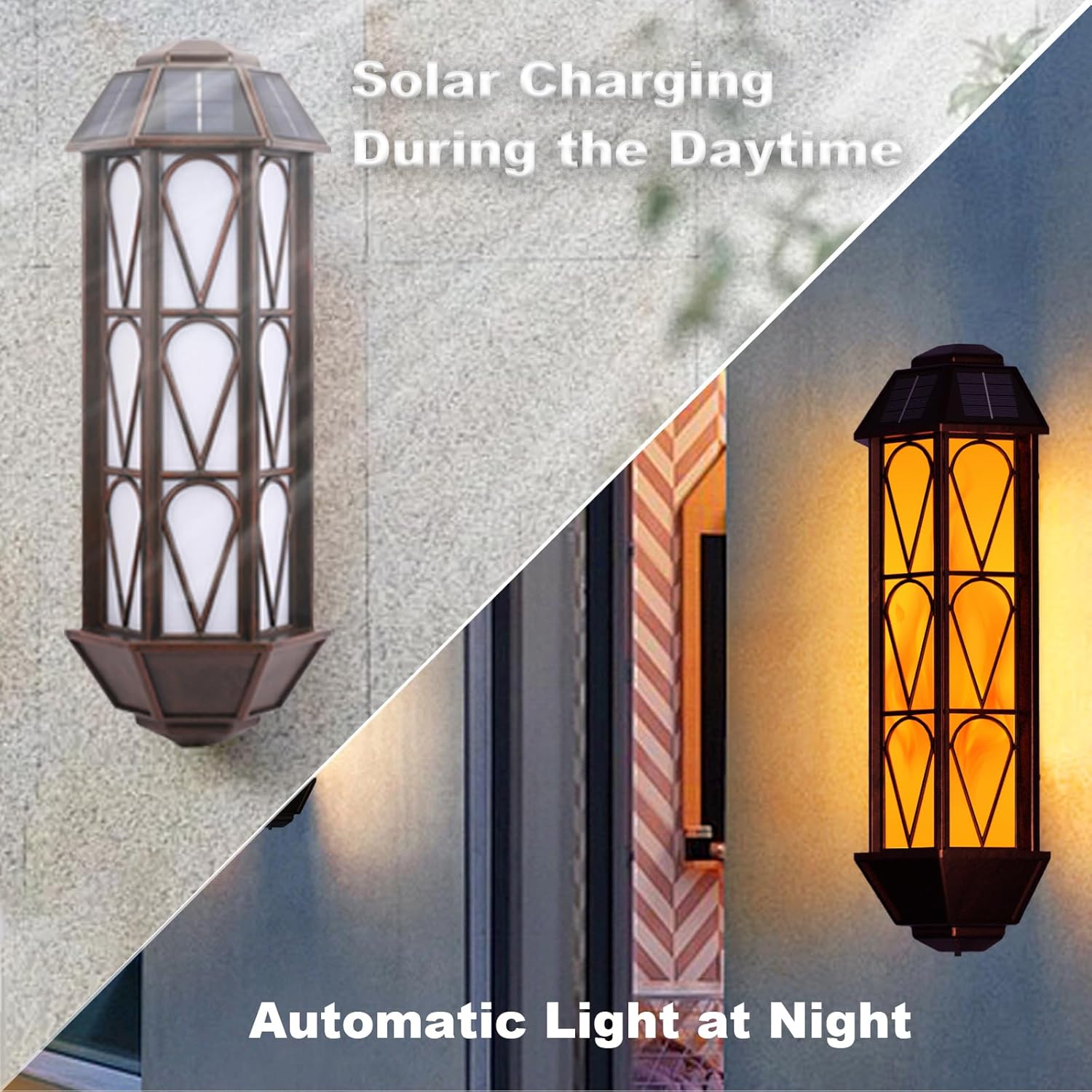 Vintage Solar Wall Lights with Flickering Flame Effect, Waterproof Outdoor Lighting for House Garden Patio - Set of 2