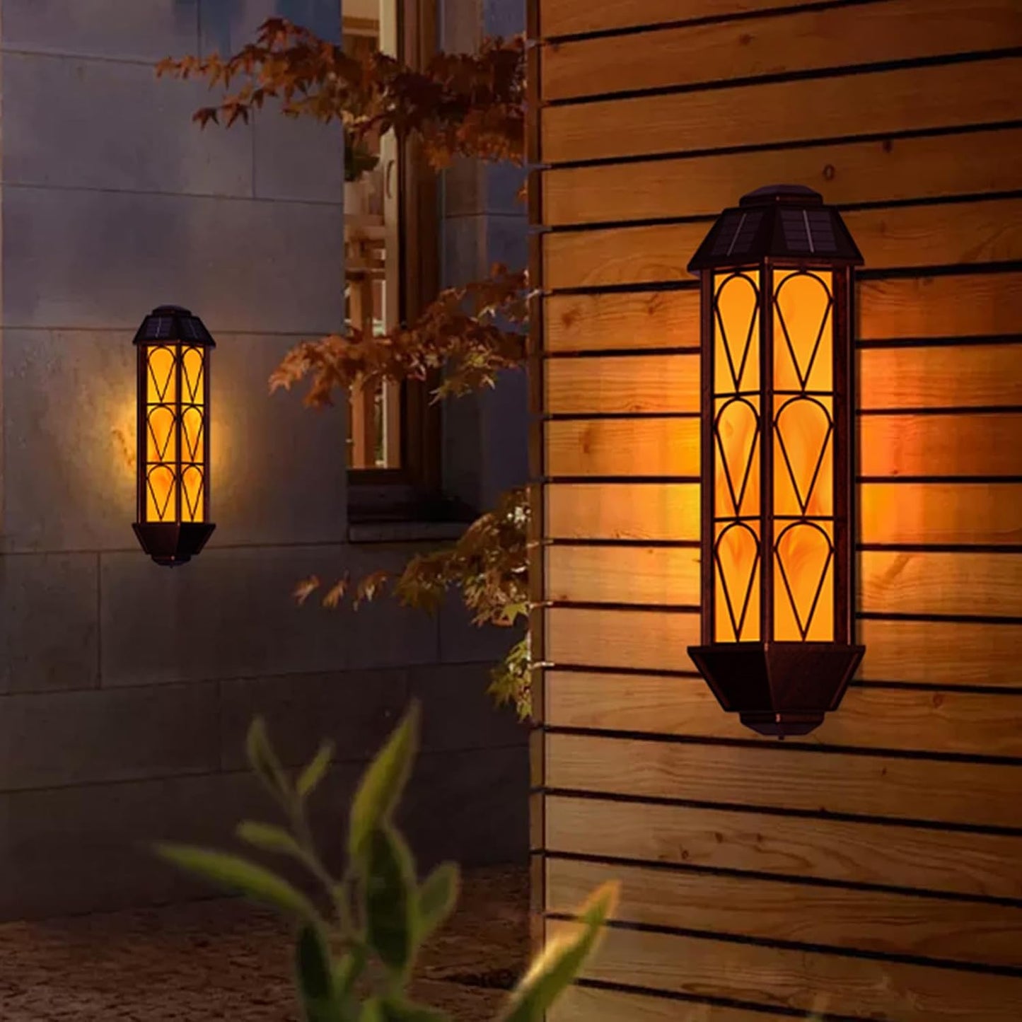 Vintage Solar Wall Lights with Flickering Flame Effect, Waterproof Outdoor Lighting for House Garden Patio - Set of 2