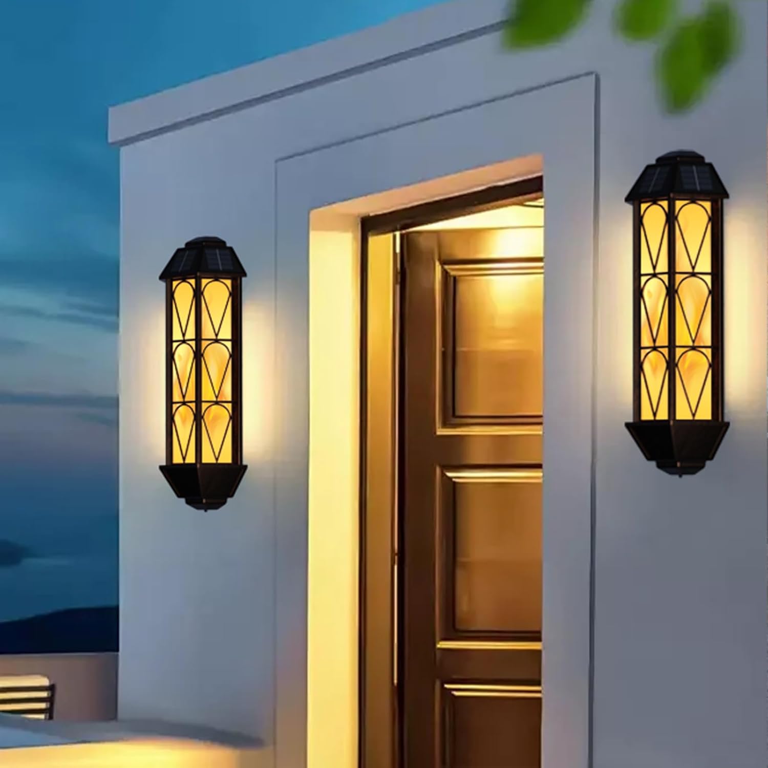 Vintage Solar Wall Lights with Flickering Flame Effect, Waterproof Outdoor Lighting for House Garden Patio - Set of 2