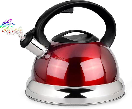 Vintage Stainless Steel Whistling Tea Kettle for Stove Top - Red Teakettle Pot Home Décor