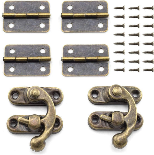 Vintage Style Jewelry Box Hardware Kit - Antique Latch Hook, Bronze Hinge, Screws - Decorative Cabinet Project - Small Wooden Box - 2 Hasp Catch, 4 Hinges