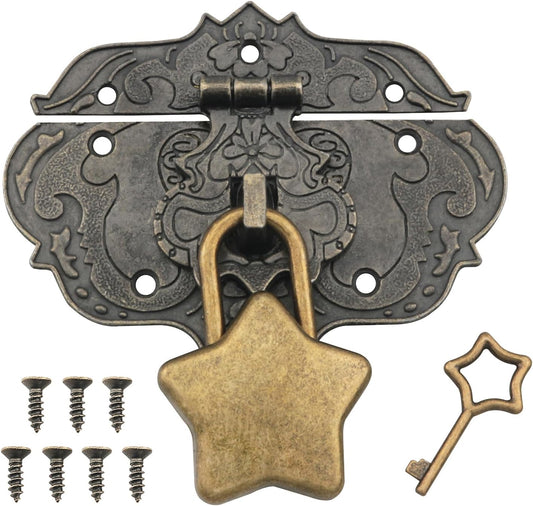 Vintage Style Pentagram Metal Lock with Antique Embossed Decorative Brass Hasp for Wooden Crate Furniture and Jewelry Box