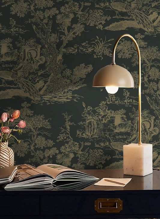 Vintage Toile Peel and Stick Wallpaper - Black/Brown Contact Paper for Bedroom/Bathroom - Removable Self-Adhesive, 16"x78.7