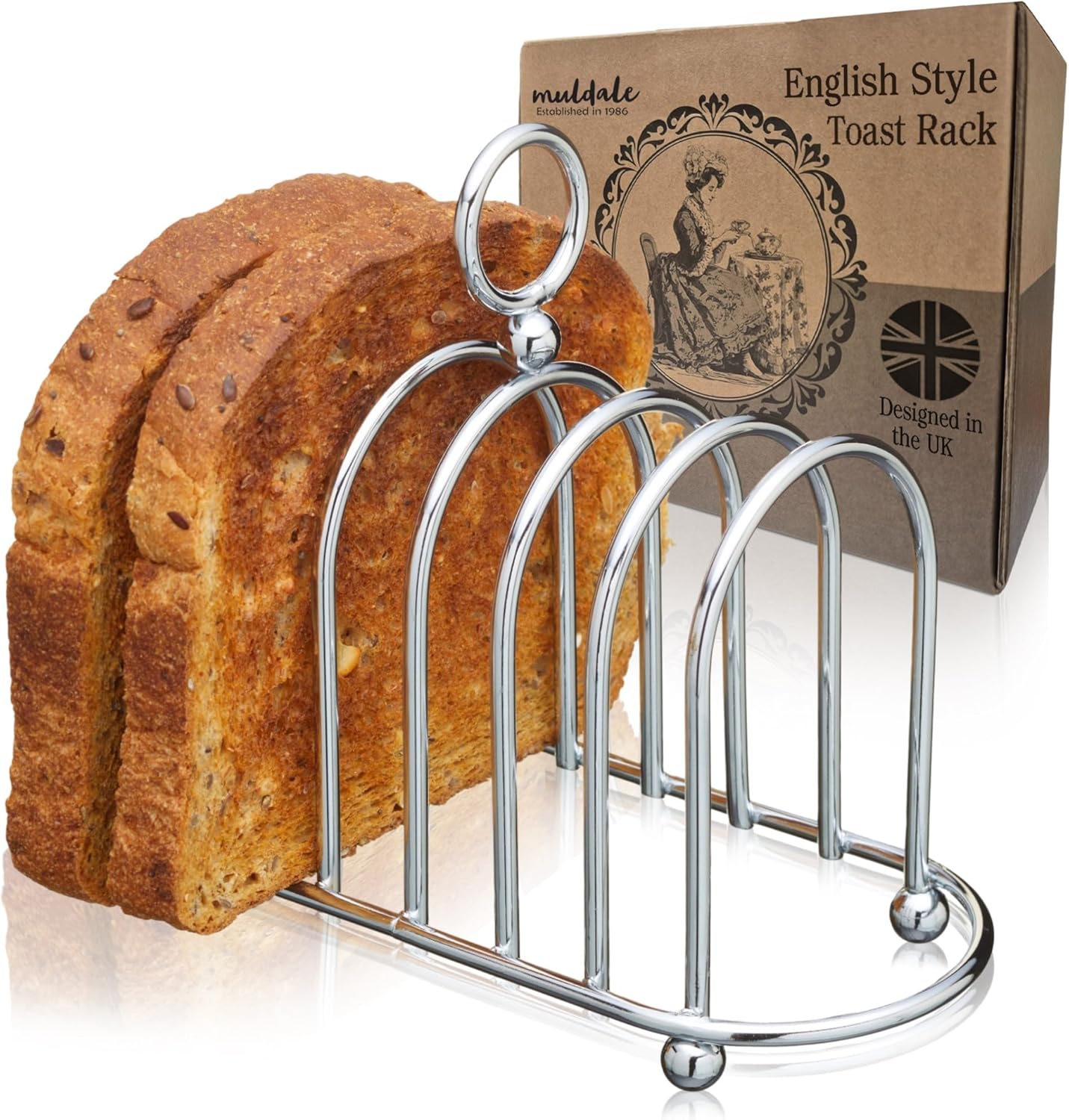 Vintage Victorian Style Muldale Chrome Toast Rack Holder for 6 Slices - Sturdy Stainless Steel Stand with Ball Feet - British Caddy