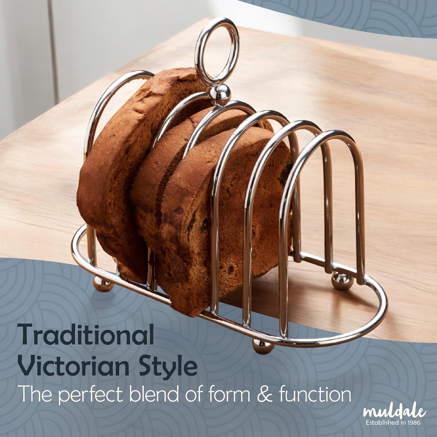 Vintage Victorian Style Muldale Chrome Toast Rack Holder for 6 Slices - Sturdy Stainless Steel Stand with Ball Feet - British Caddy