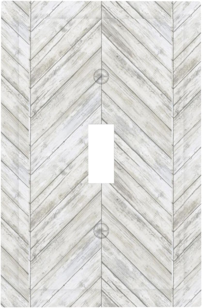 Vintage White Gray Herringbone Wood Boards Single Toggle Light Switch Cover