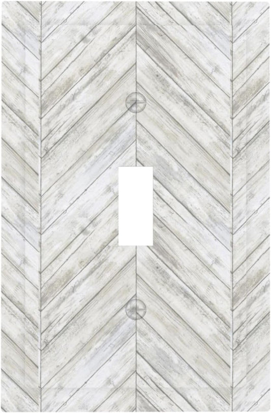 Vintage White Gray Herringbone Wood Boards Single Toggle Light Switch Cover