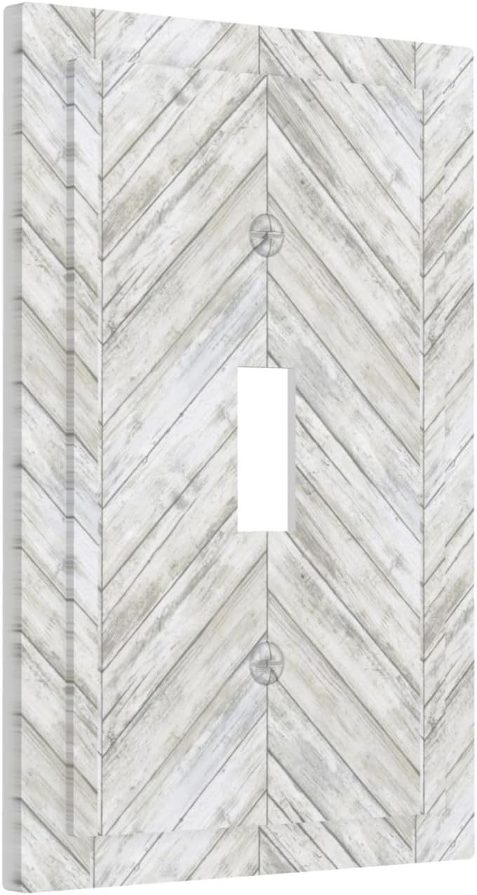 Vintage White Gray Herringbone Wood Boards Single Toggle Light Switch Cover
