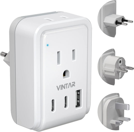 VINTAR European Travel Plug Adapter Kit with 3 USB Ports, 2 American Outlets - US to UK Europe France Italy Adapter