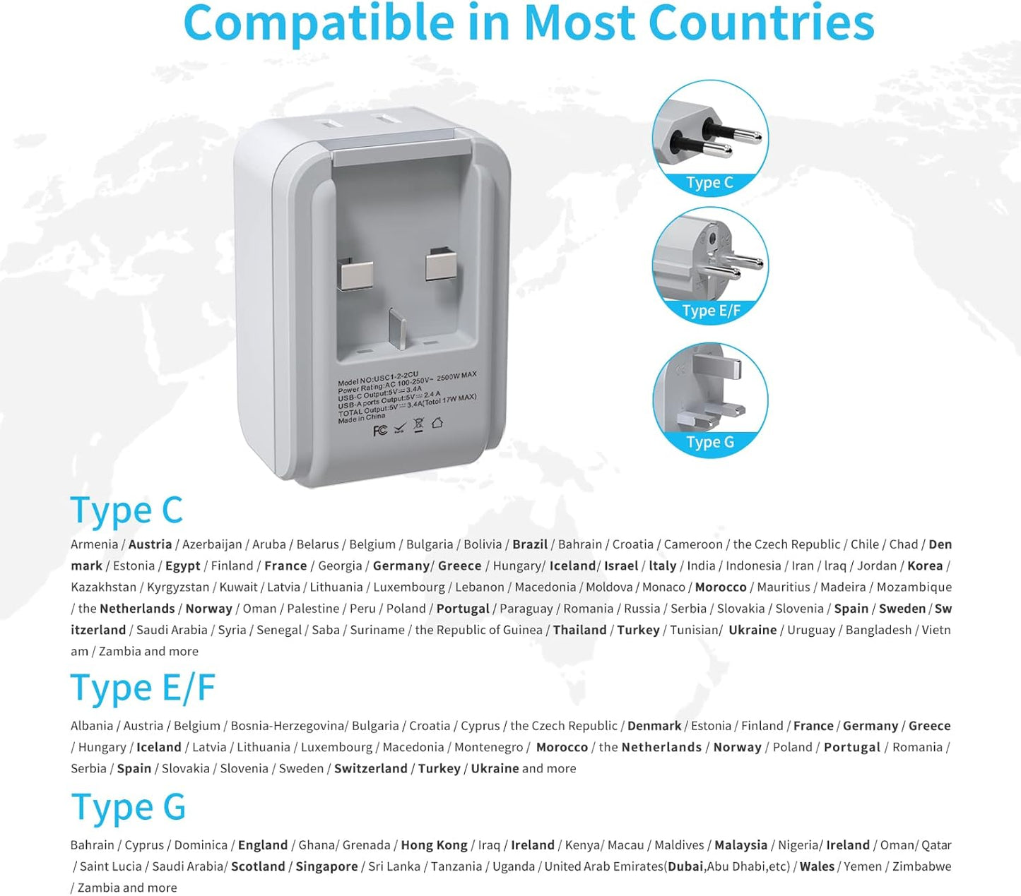 VINTAR European Travel Plug Adapter Kit with 3 USB Ports, 2 American Outlets - US to UK Europe France Italy Adapter