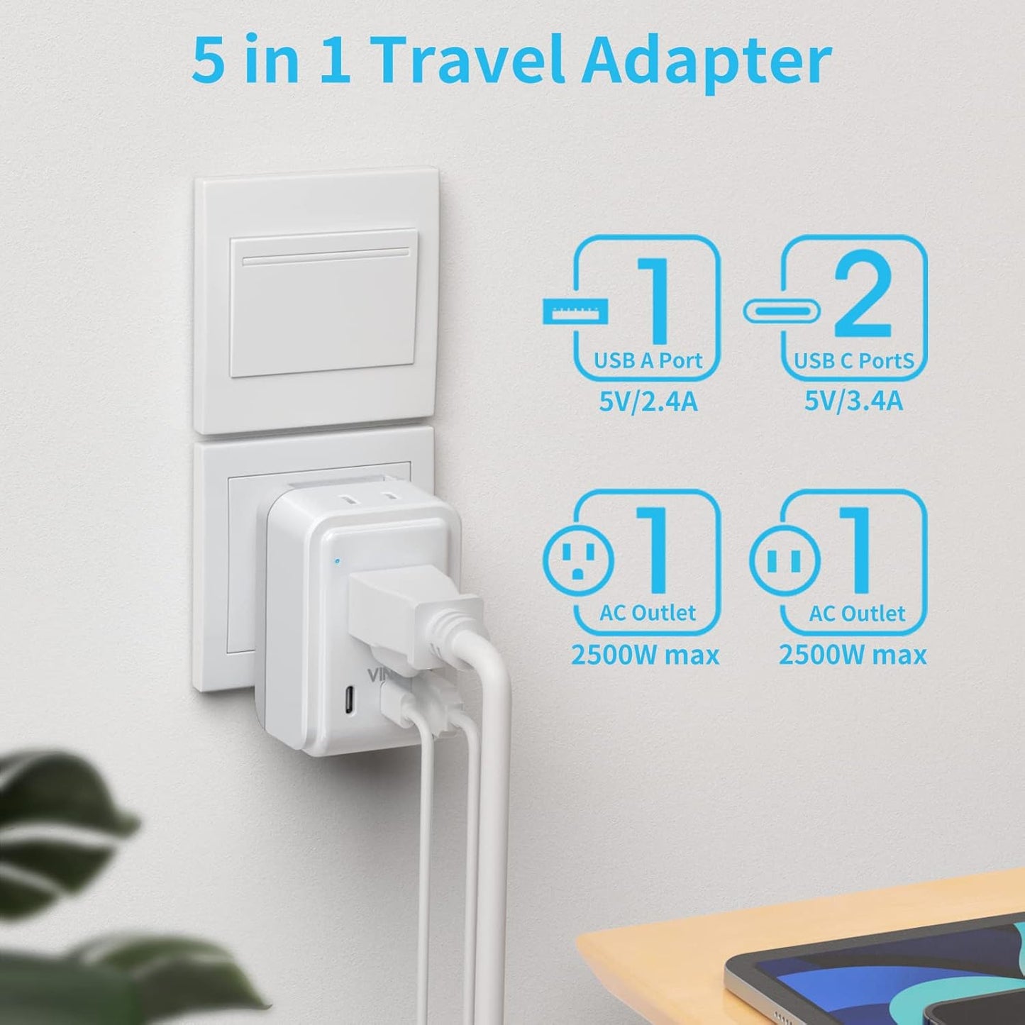 VINTAR European Travel Plug Adapter Kit with 3 USB Ports, 2 American Outlets - US to UK Europe France Italy Adapter