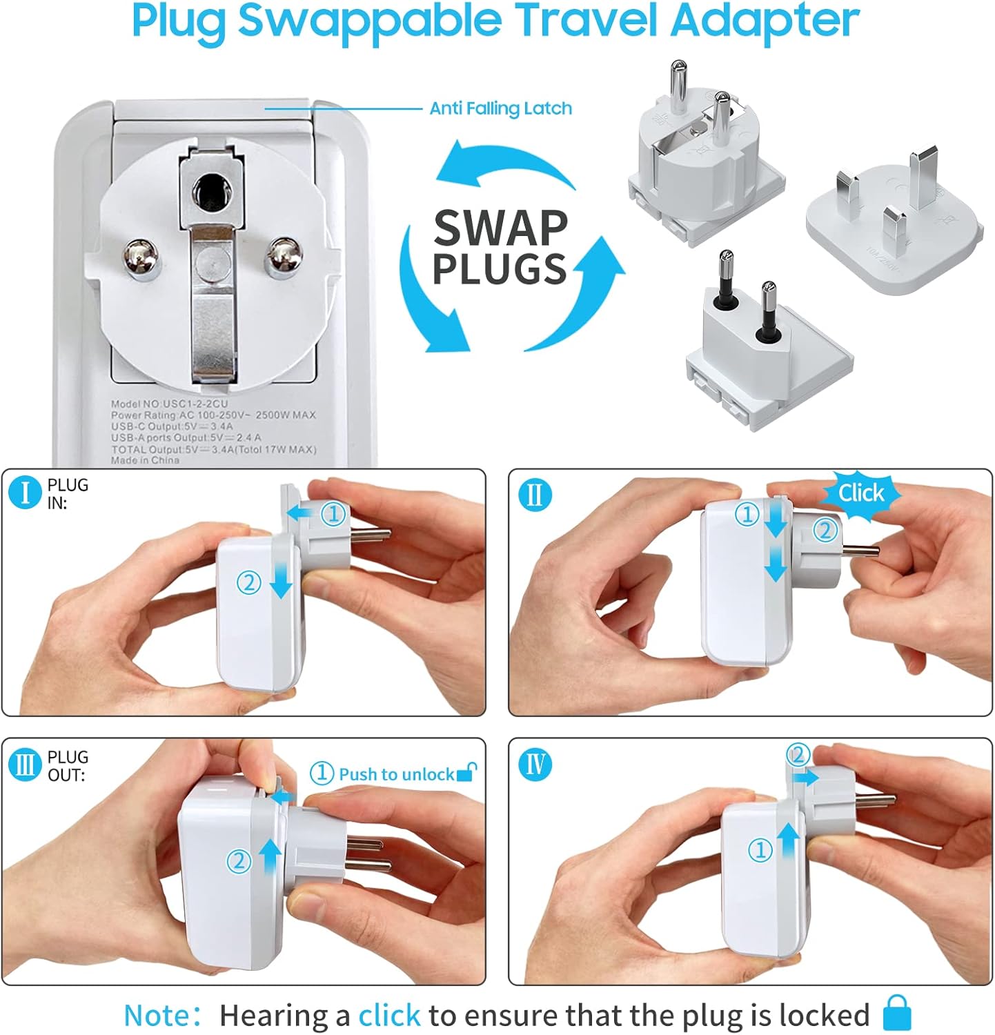 VINTAR European Travel Plug Adapter Kit with 3 USB Ports, 2 American Outlets - US to UK Europe France Italy Adapter