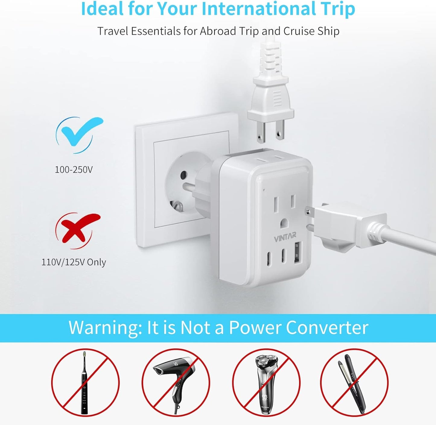 VINTAR European Travel Plug Adapter Kit with 3 USB Ports, 2 American Outlets - US to UK Europe France Italy Adapter