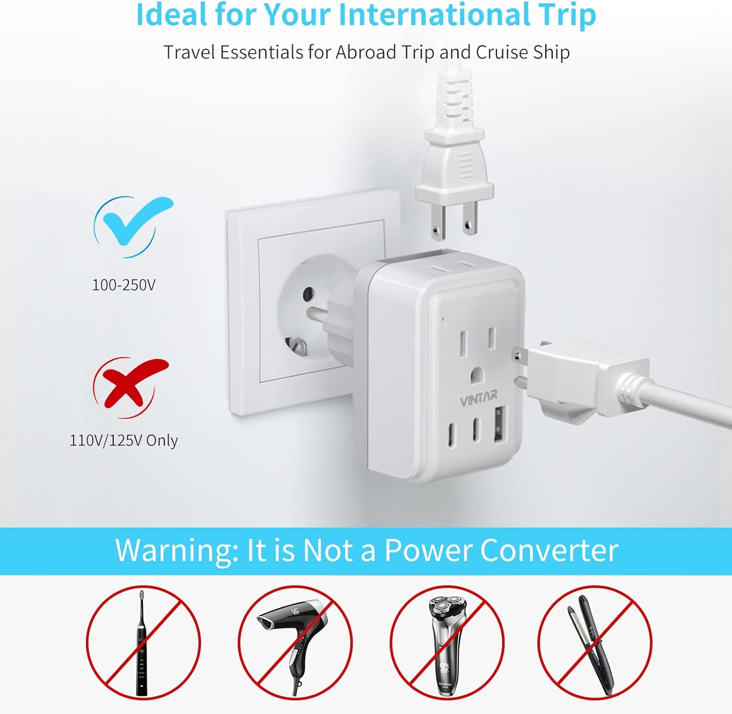 VINTAR European Travel Plug Adapter Kit with 3 USB Ports, 2 American Outlets - US to UK Europe France Italy Adapter