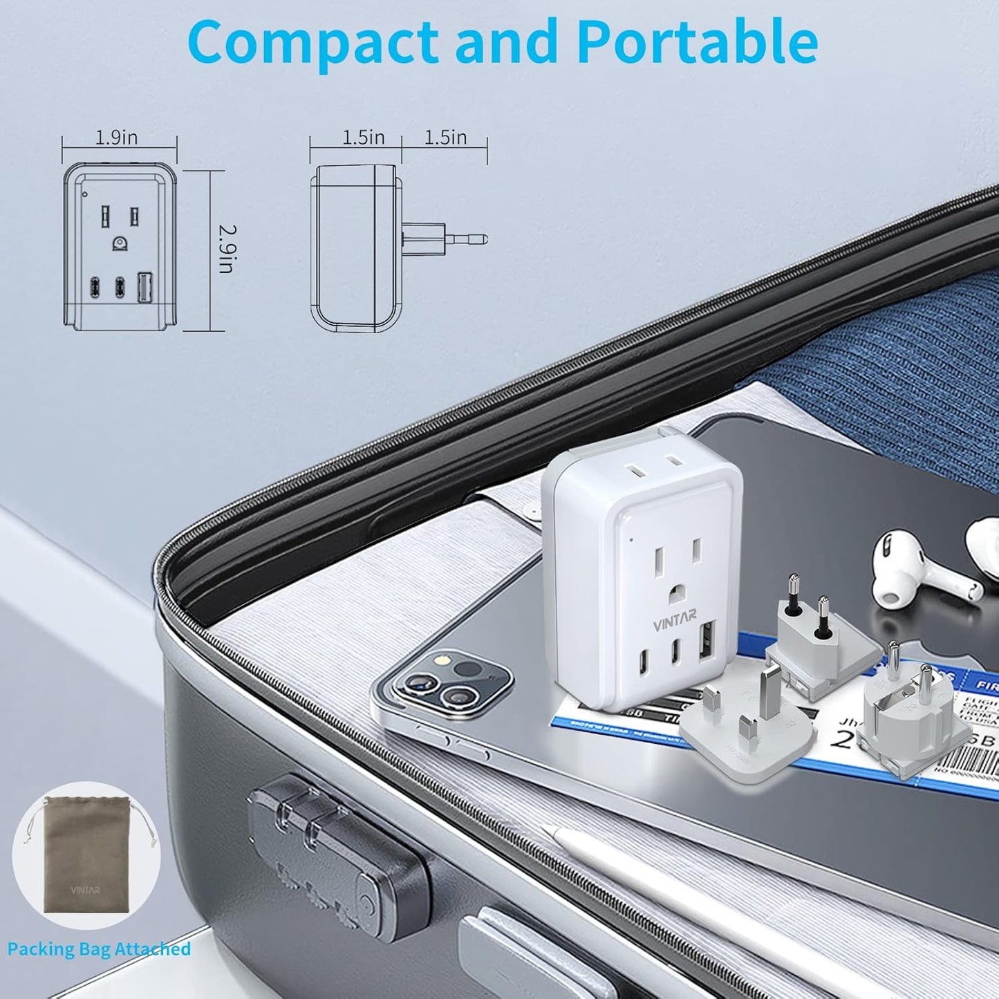VINTAR European Travel Plug Adapter Kit with 3 USB Ports, 2 American Outlets - US to UK Europe France Italy Adapter