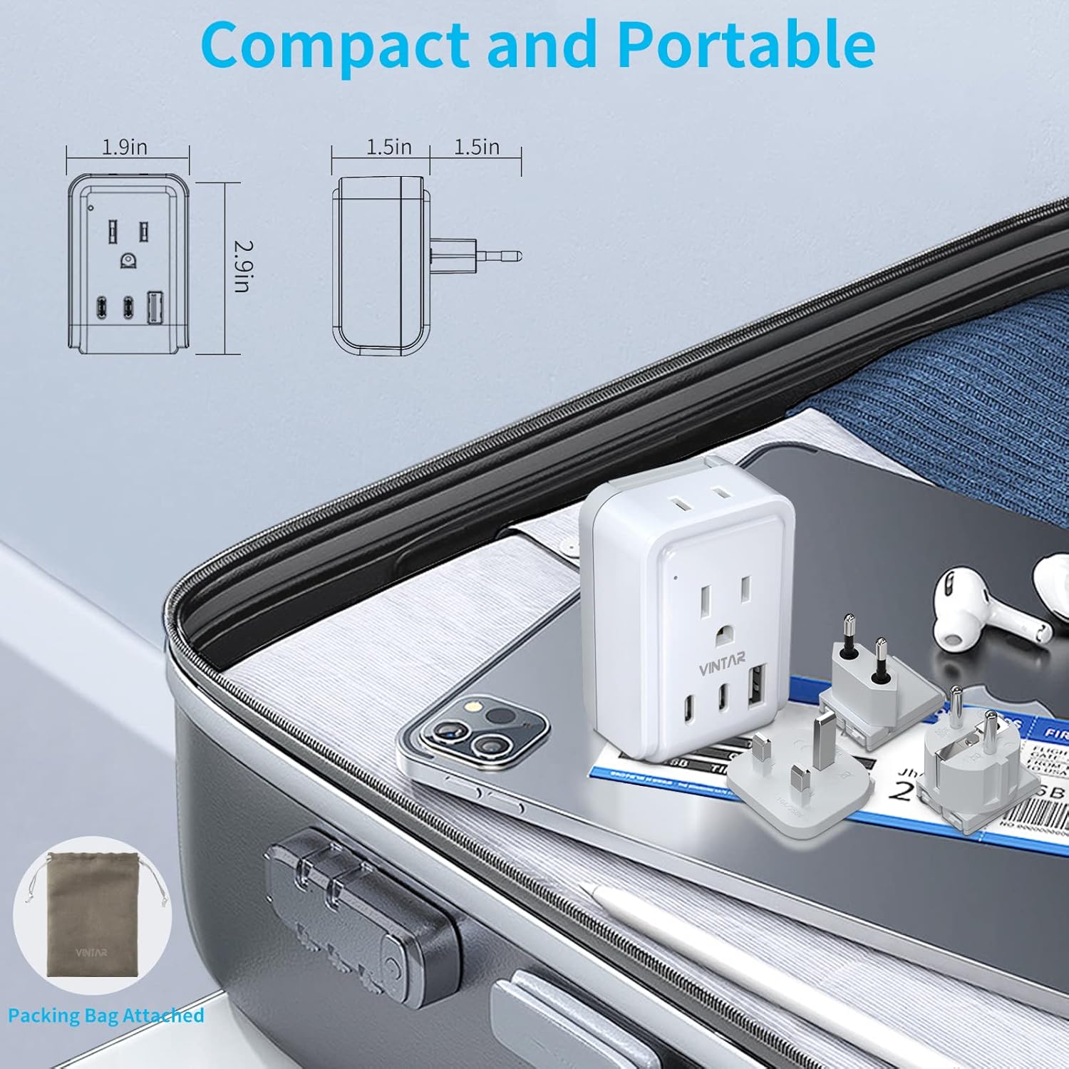 VINTAR European Travel Plug Adapter Kit with 3 USB Ports, 2 American Outlets - US to UK Europe France Italy Adapter