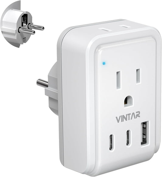 VINTAR Type F Plug Adapter with 2 American Outlets and 3 USB Ports - 5 in 1 Travel Adapter for US to EU, France, Germany, and More