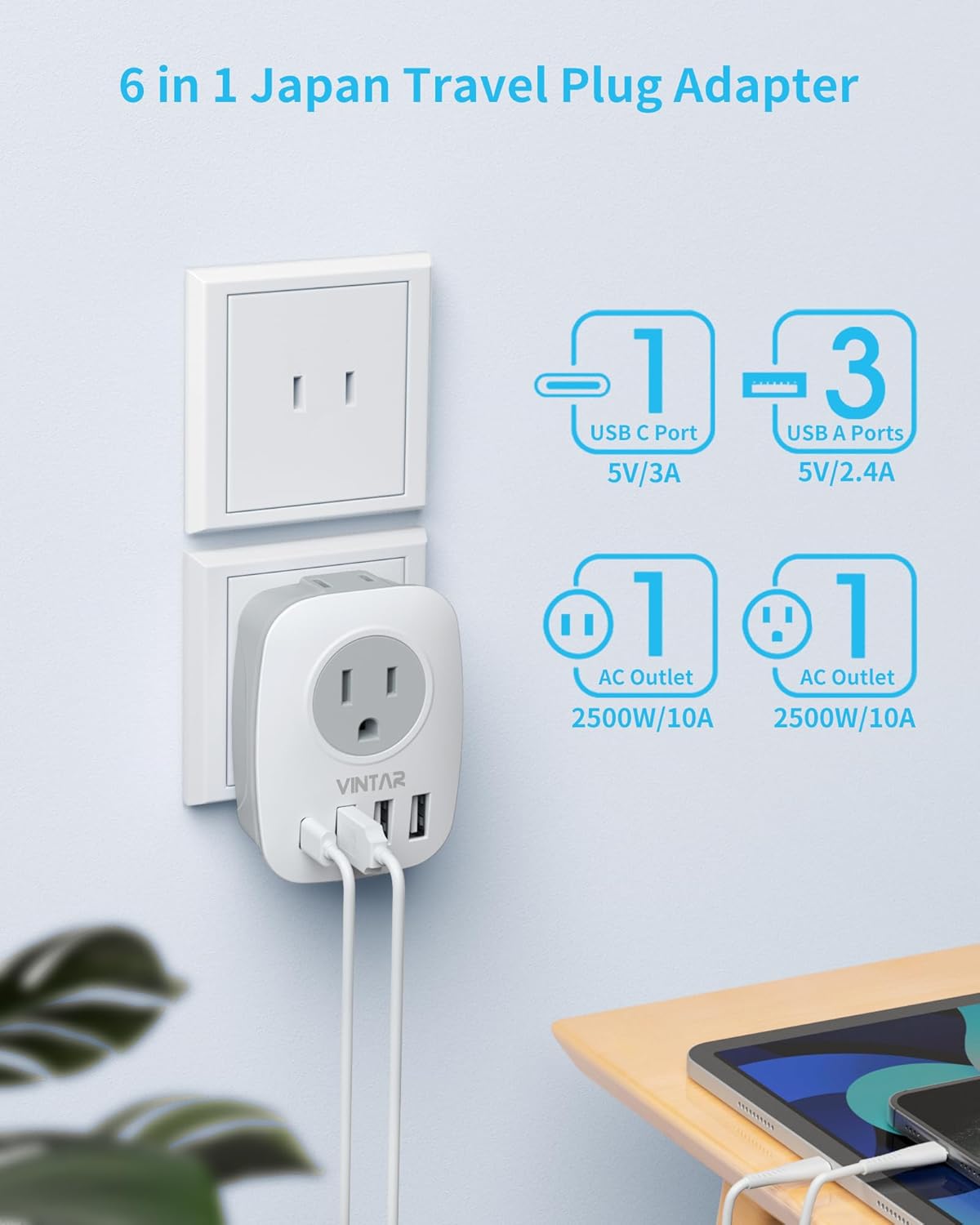 VINTAR US to Japan Plug Adapter with 2 AC Outlets, 3 USB Ports, and 1 USB C Port - Travel Power Adapter for USA to Japan, China, Canada, Philippines