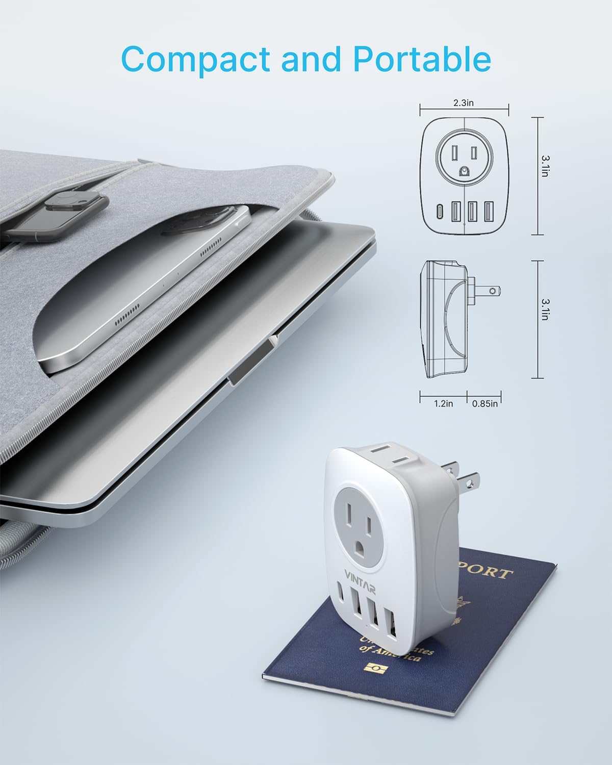 VINTAR US to Japan Plug Adapter with 2 AC Outlets, 3 USB Ports, and 1 USB C Port - Travel Power Adapter for USA to Japan, China, Canada, Philippines