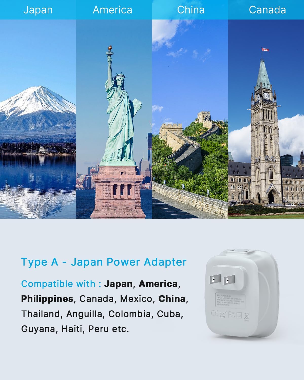 VINTAR US to Japan Plug Adapter with 2 Outlets, 2 USB Ports - Type A Power Plug Adapter for USA, China, Canada, Mexico, Philippines, Peru