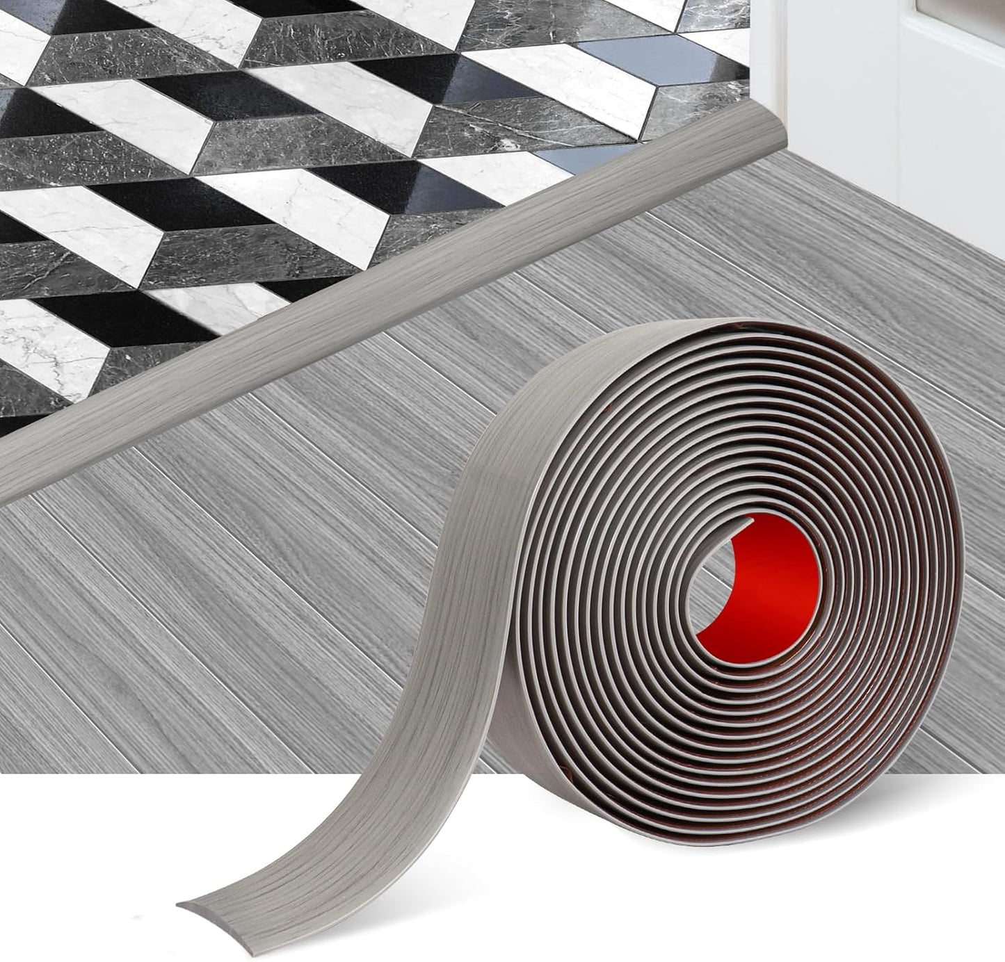 Vinyl Floor Transition Strip with Elegant Wood Grain Design, Self-Adhesive Floor Cover Strips for Laminate Flooring, 2" Wide Flat Divider Strip - 20 Ft, Gray