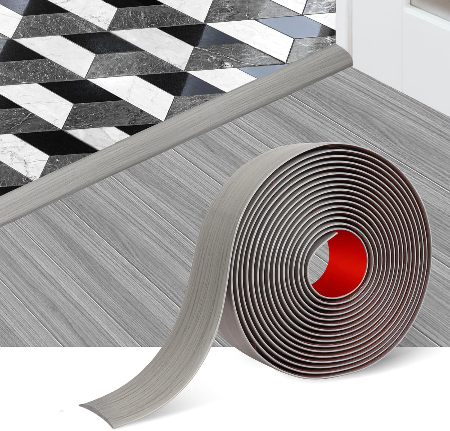 Vinyl Floor Transition Strip with Elegant Wood Grain Design, Self-Adhesive Floor Cover Strips for Laminate Flooring, 2" Wide Flat Divider Strip - 20 Ft, Gray