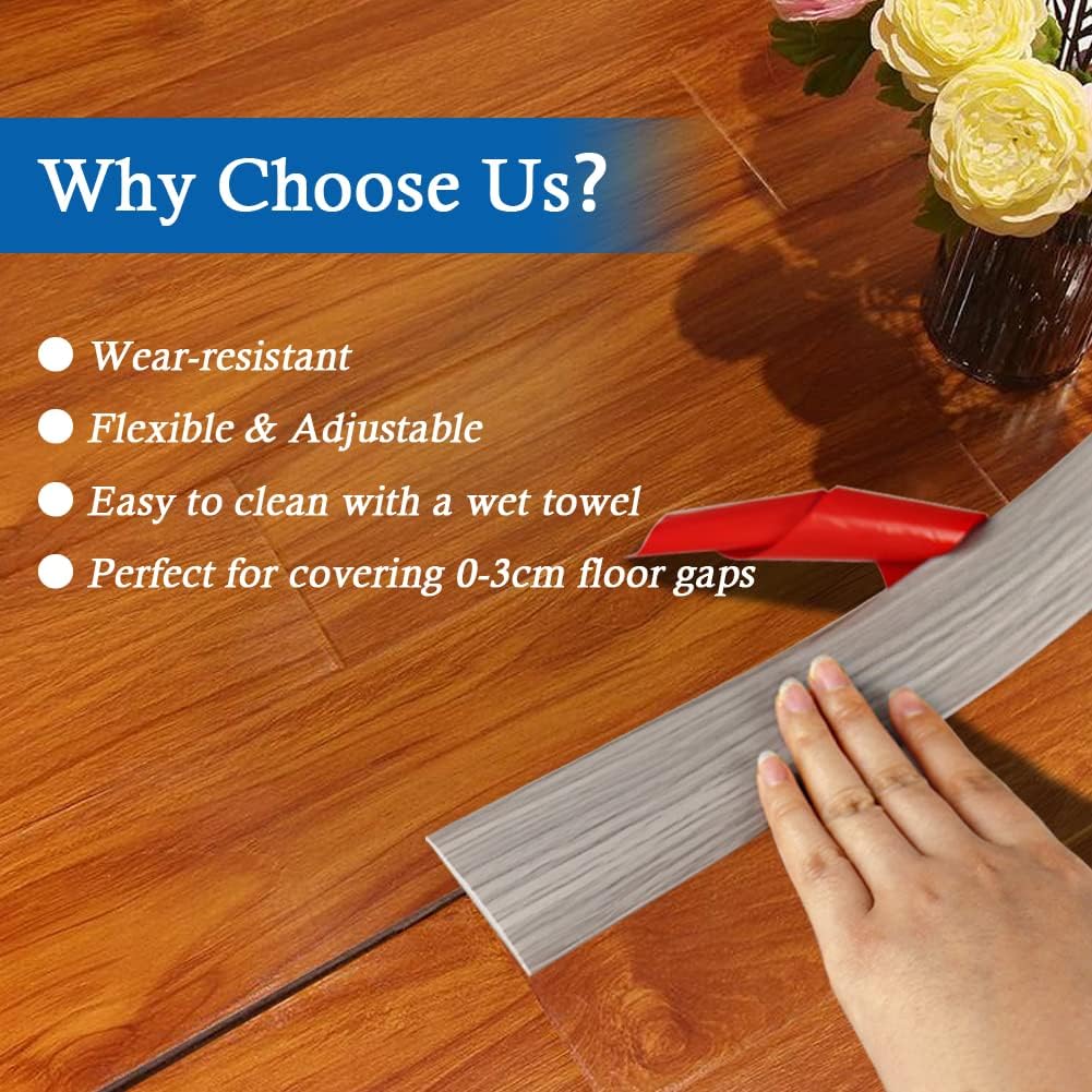 Vinyl Floor Transition Strip with Elegant Wood Grain Design, Self-Adhesive Floor Cover Strips for Laminate Flooring, 2" Wide Flat Divider Strip - 20 Ft, Gray