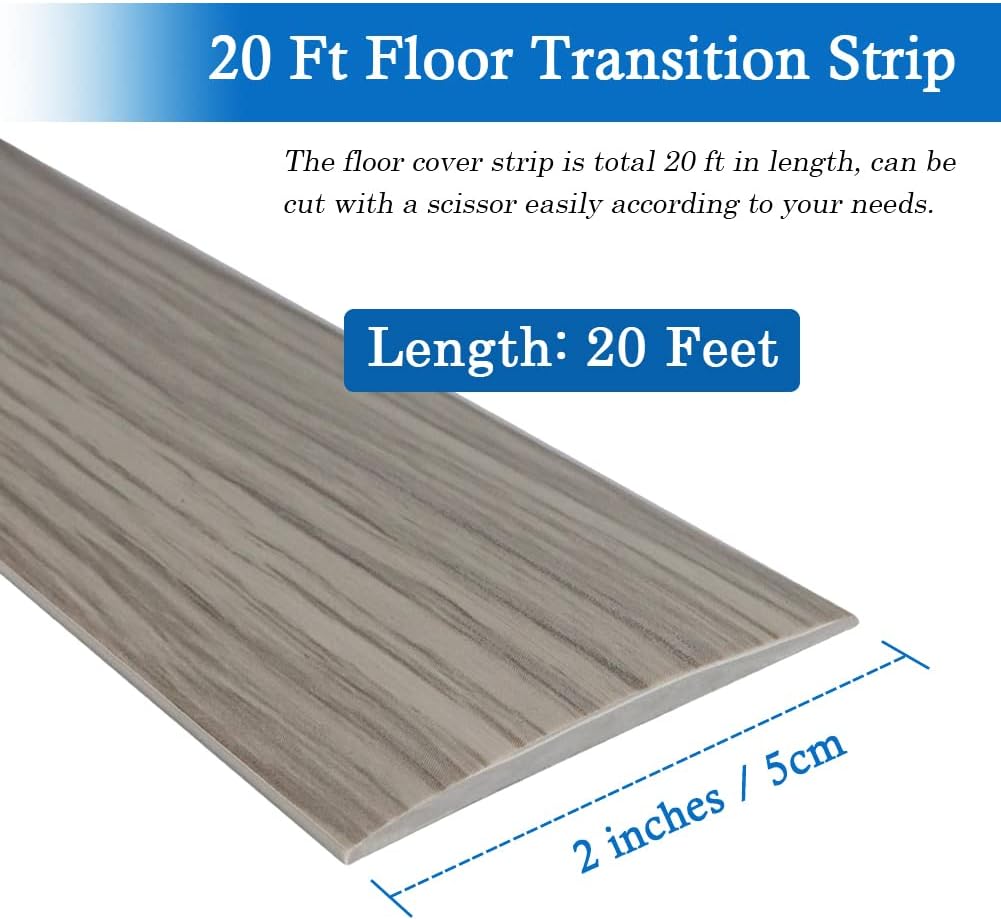 Vinyl Floor Transition Strip with Elegant Wood Grain Design, Self-Adhesive Floor Cover Strips for Laminate Flooring, 2" Wide Flat Divider Strip - 20 Ft, Gray