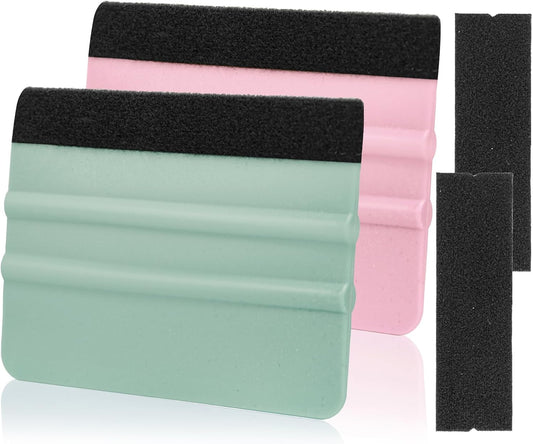 Vinyl Squeegee Set with 2 Felt Replacements - 4 Inch Tools for Car Wrap, Sign Making, Window Tinting - Teal/Pink