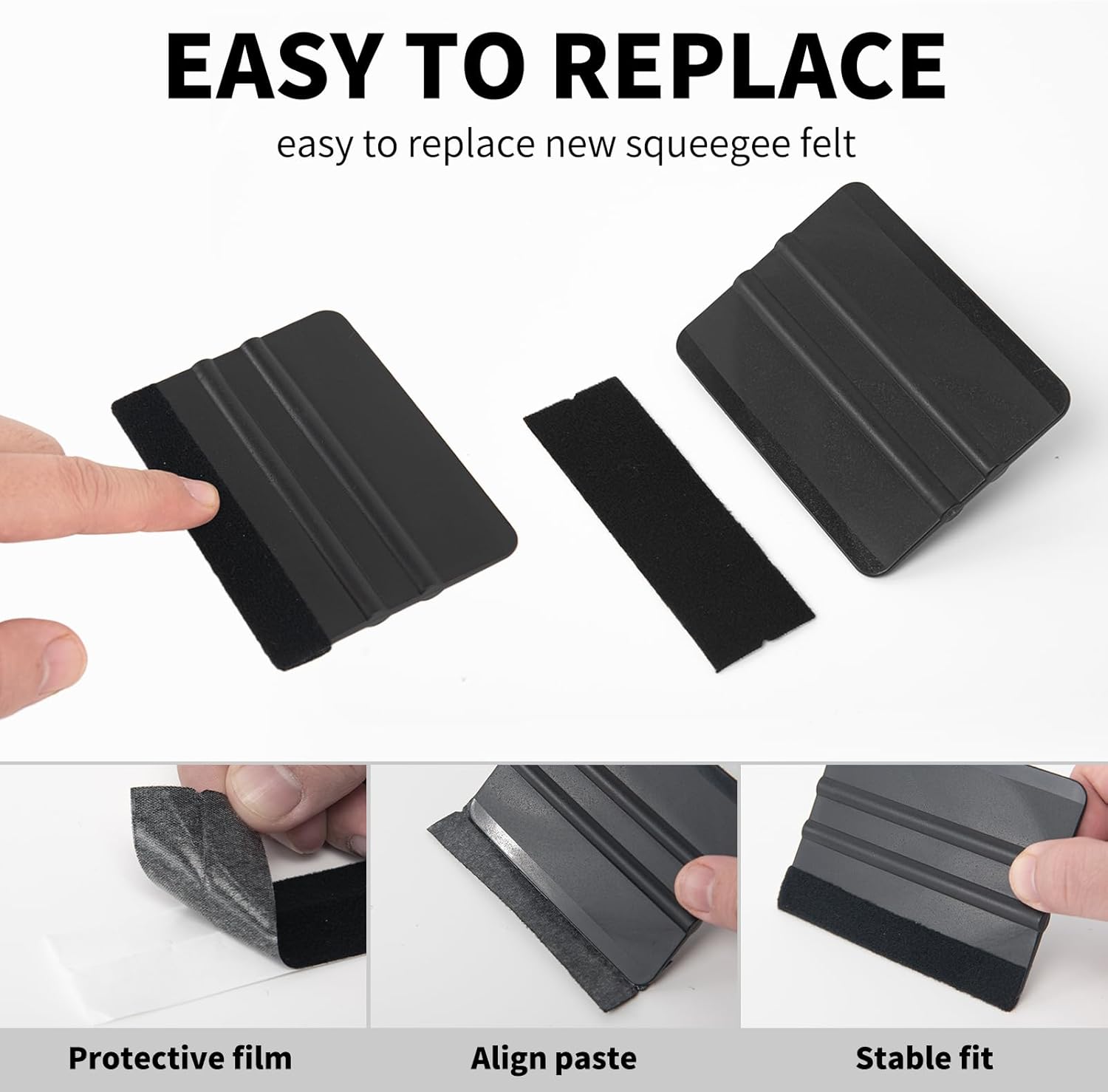 Vinyl Wrap Squeegee Set with Felt Replacements - 2 Pack, 4 Inch Tools for Car Wrap, Sign Making, Crafting - Black