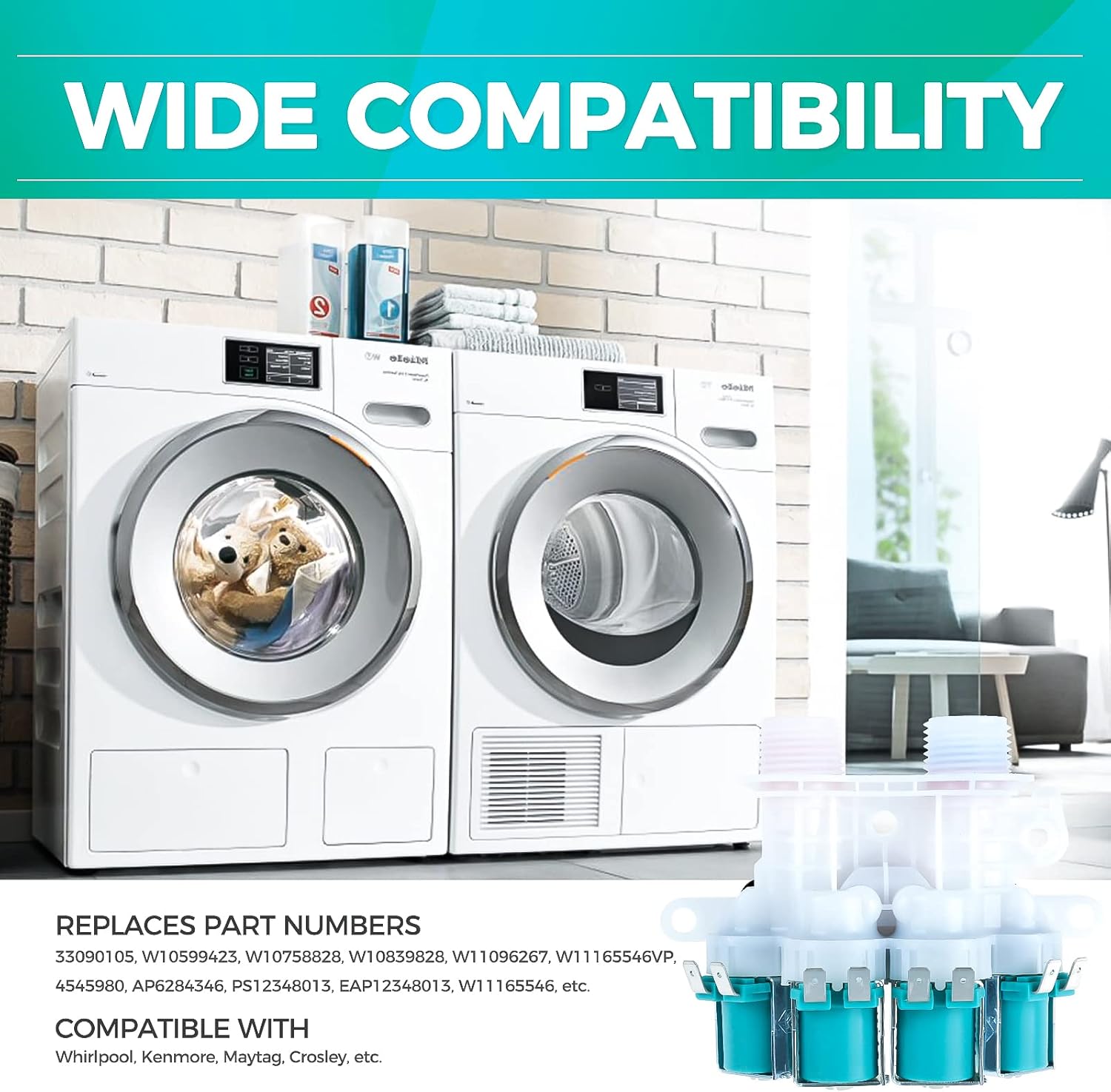 W11165546 Washer Water Inlet Valve Replacement for Whirlpool Kenmore Maytag Washing Machine - Replaces 33090105, AP6284346