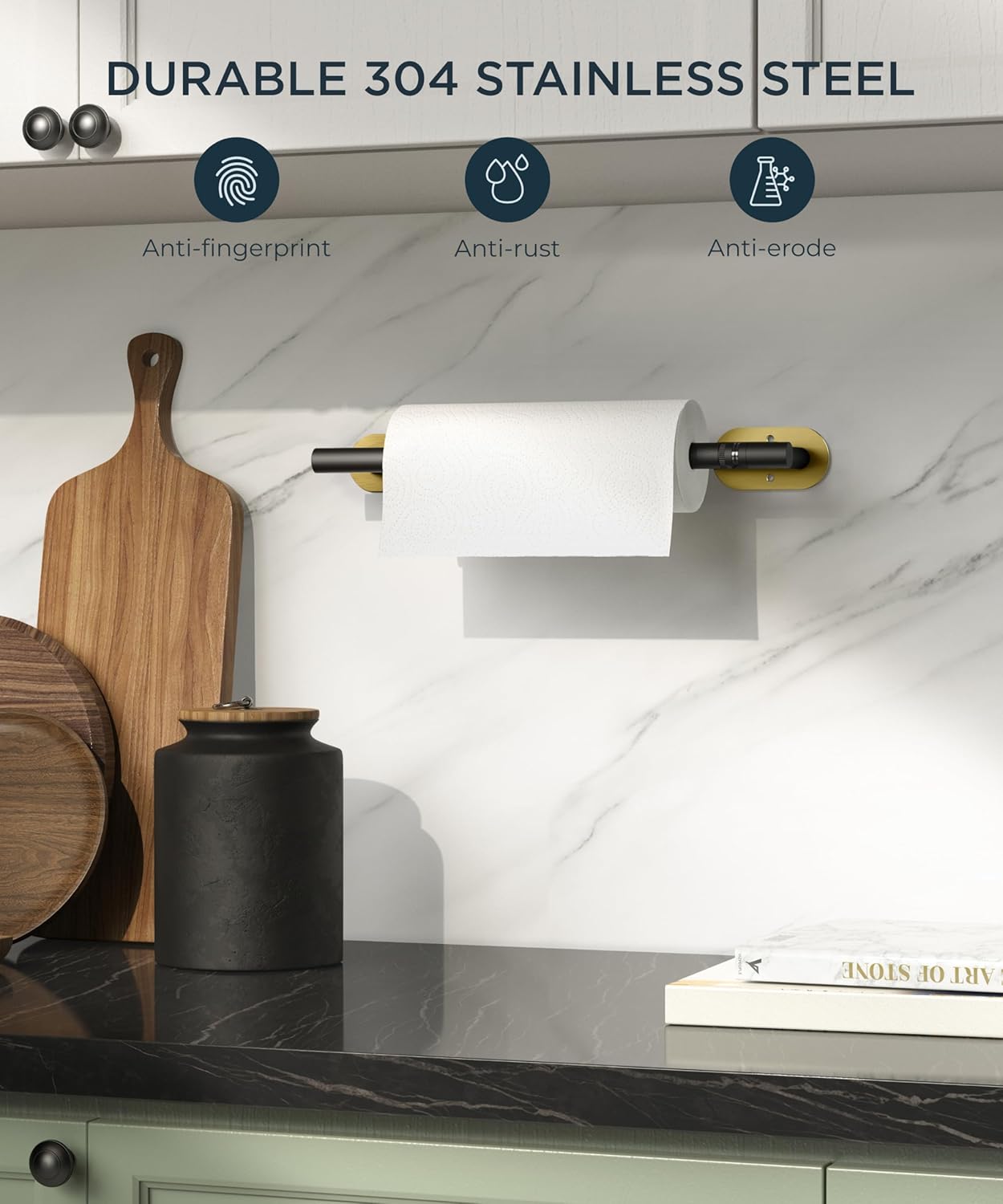Wall Mount Paper Towel Holder Stainless Steel Self Adhesive Kitchen Dispenser - Black/Gold