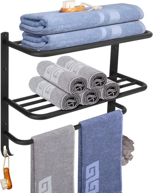 Wall Mounted 3-Tier Towel Rack with Hooks - SUS304 Stainless Steel Towel Holder Shelf for Bathroom Storage - Matte Black (22 Inch)