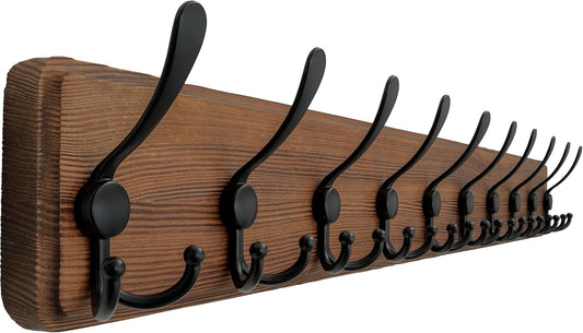 Wall Mounted Coat Rack with 10 Tri Hooks, 38-1/4" Long - Heavy Duty Wooden Hanger for Clothes, Hats, Jackets - Natural & Black Color Options