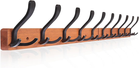 Wall-Mounted Coat Rack with 10 Triple Hooks - Brown Wooden Wall Hooks Rack for Entryway, Bathroom, Living Room - 33.5'' Coat Hat Clothes Rack