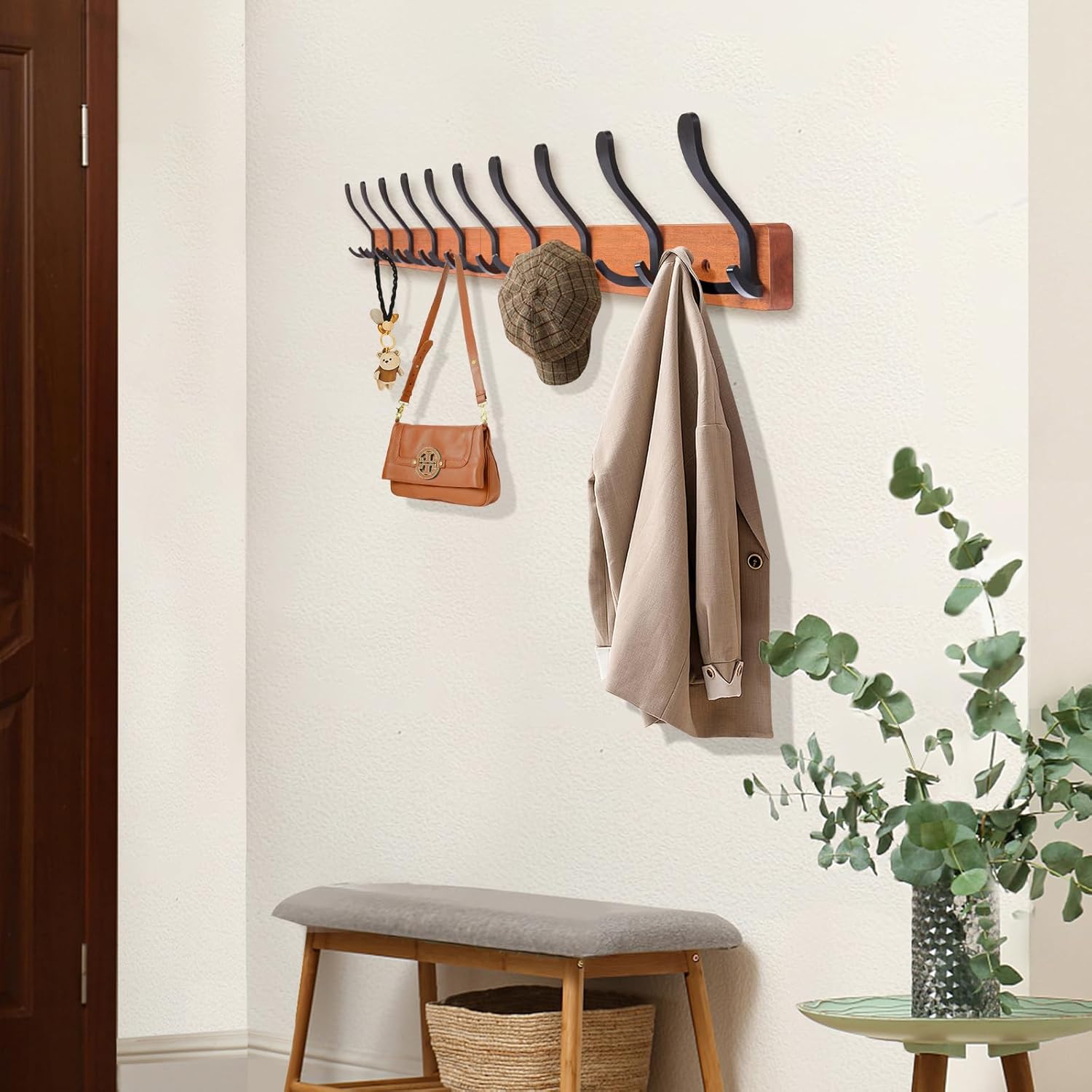 Wall-Mounted Coat Rack with 10 Triple Hooks - Brown Wooden Wall Hooks Rack for Entryway, Bathroom, Living Room - 33.5'' Coat Hat Clothes Rack