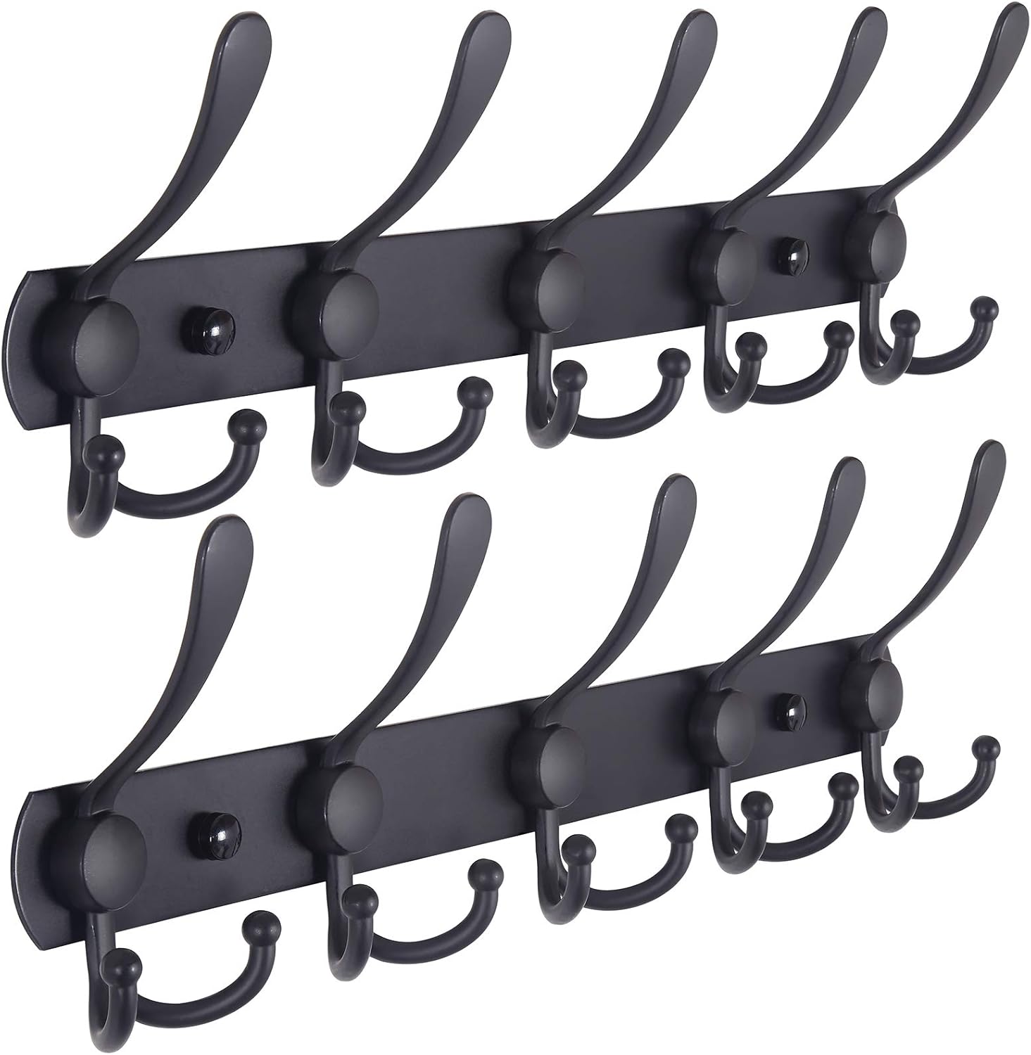 Wall Mounted Coat Rack with 5 Tri Hooks - Heavy Duty Stainless Steel Metal Hook Rail for Hats, Towels, Robes - Set of 2 Black Hooks