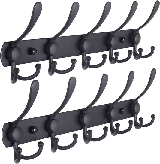 Wall Mounted Coat Rack with 5 Tri Hooks - Heavy Duty Stainless Steel Metal Hook Rail for Hats, Towels, Robes - Set of 2 Black Hooks