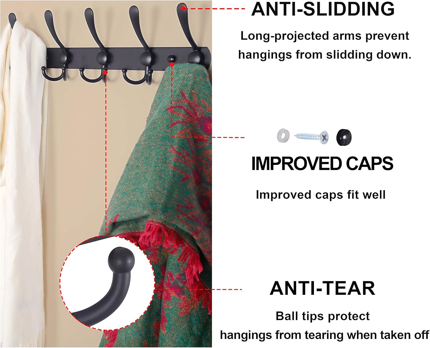 Wall Mounted Coat Rack with 5 Tri Hooks - Heavy Duty Stainless Steel Metal Hook Rail for Hats, Towels, Robes - Set of 2 Black Hooks