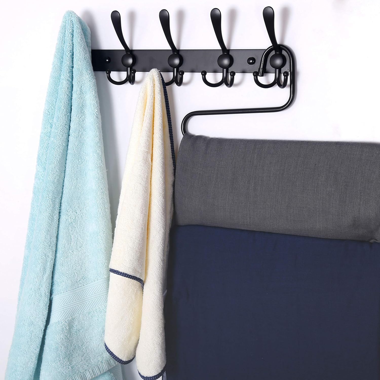 Wall Mounted Coat Rack with 5 Tri Hooks - Heavy Duty Stainless Steel Metal Hook Rail for Hats, Towels, Robes - Set of 2 Black Hooks