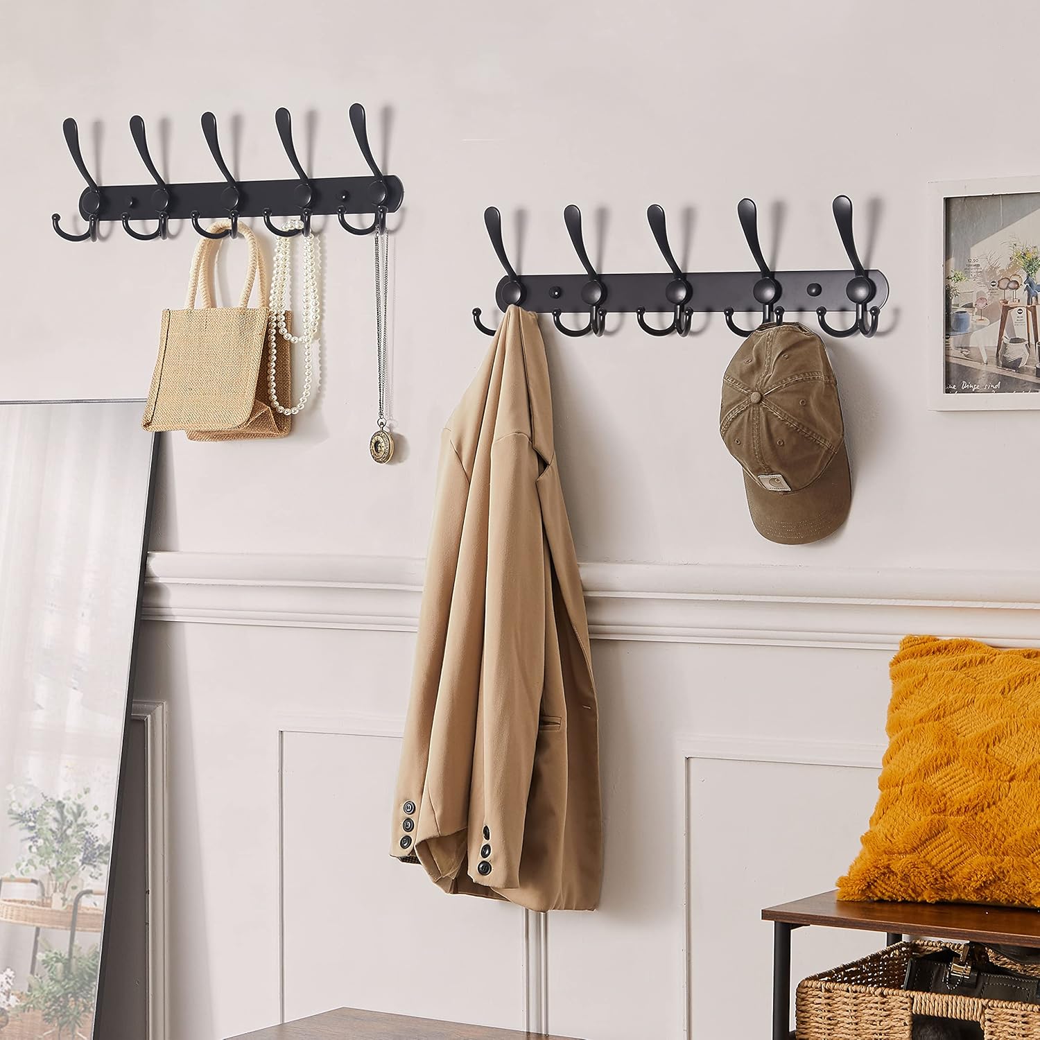 Wall Mounted Coat Rack with 5 Tri Hooks - Heavy Duty Stainless Steel Metal Hook Rail for Hats, Towels, Robes - Set of 2 Black Hooks