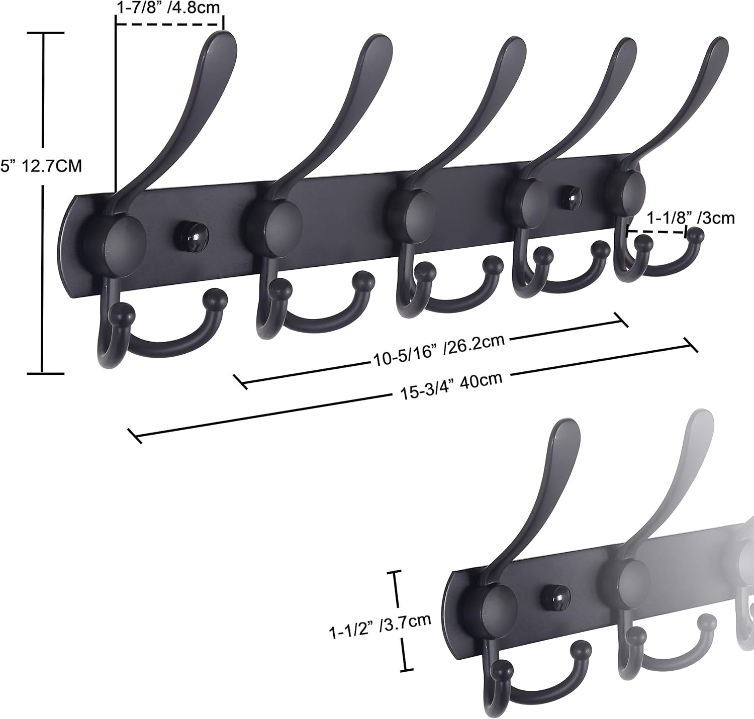 Wall Mounted Coat Rack with 5 Tri Hooks - Heavy Duty Stainless Steel Metal Hook Rail for Hats, Towels, Robes - Set of 2 Black Hooks