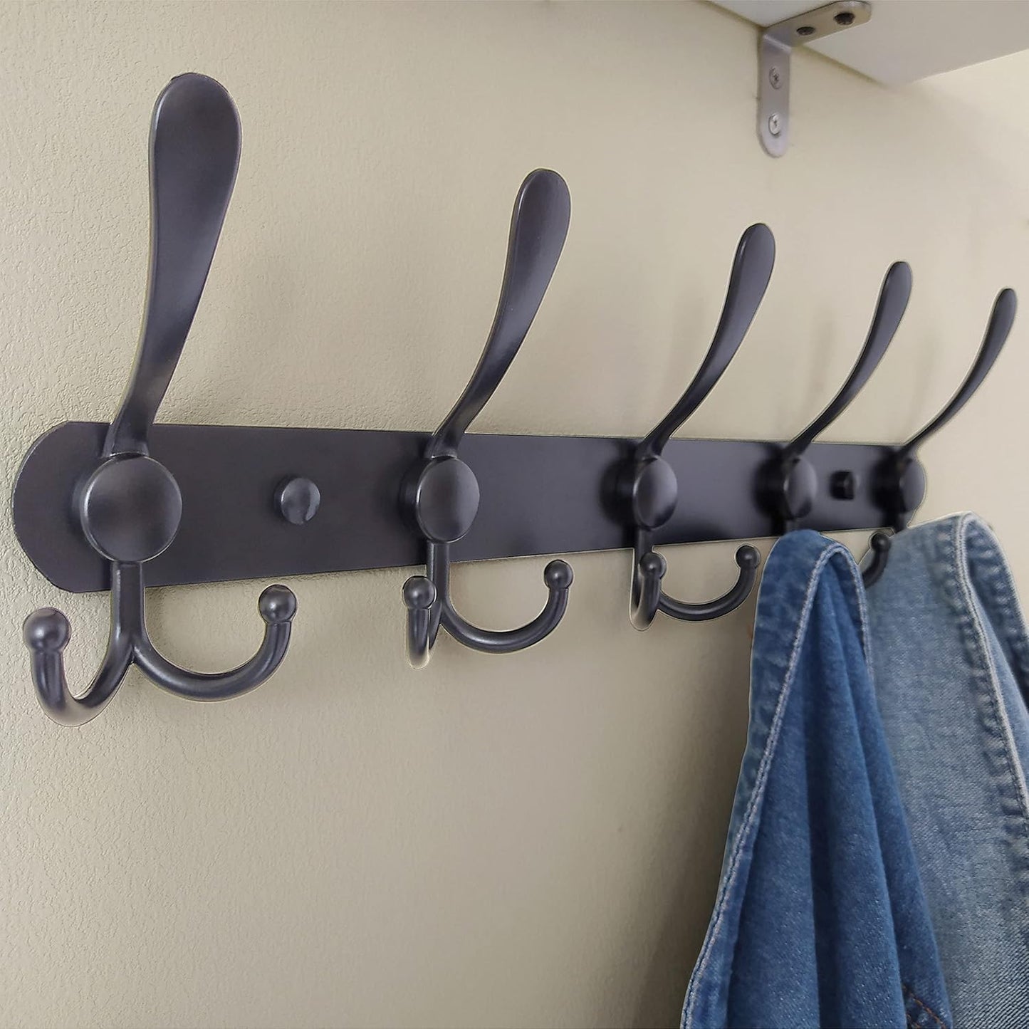 Wall Mounted Coat Rack with 5 Tri Hooks - Heavy Duty Stainless Steel Metal Hook Rail for Hats, Towels, Robes - Set of 2 Black Hooks