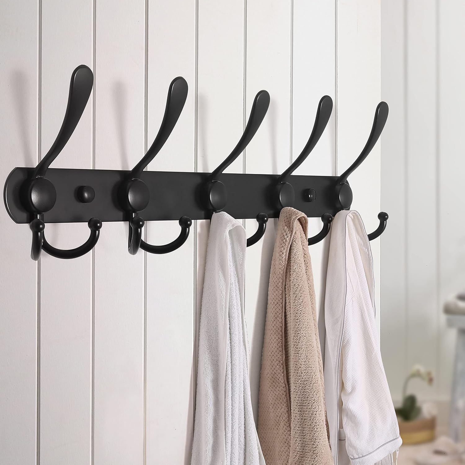 Wall Mounted Coat Rack with 5 Tri Hooks - Heavy Duty Stainless Steel Metal Hook Rail for Hats, Towels, Robes - Set of 2 Black Hooks