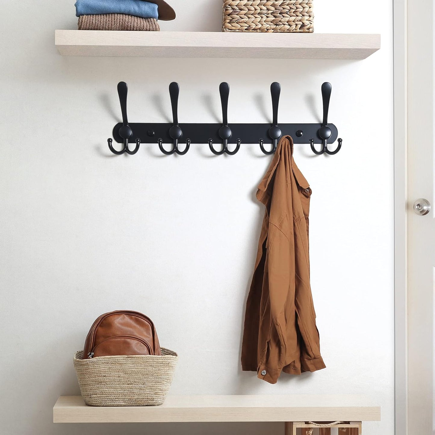Wall Mounted Coat Rack with 5 Tri Hooks - Heavy Duty Stainless Steel Metal Hook Rail for Hats, Towels, Robes - Set of 2 Black Hooks