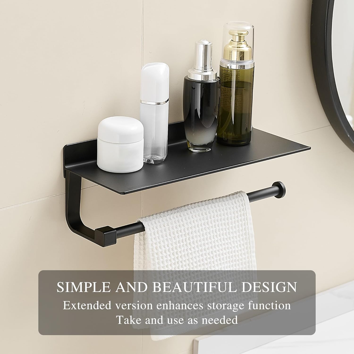 Wall Mounted Hand Towel Holder with Shelf for Bathroom and Kitchen - Black Paper Towel Rack
