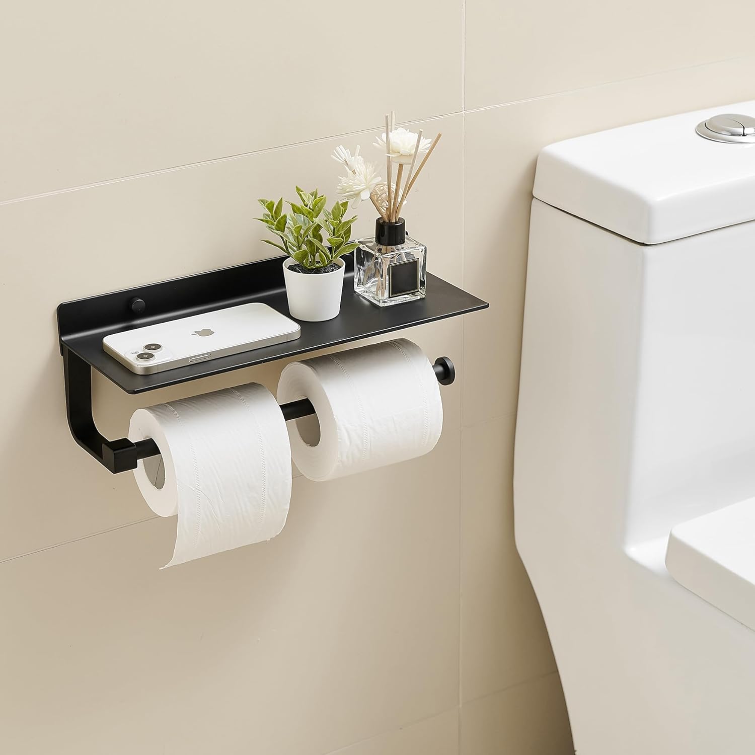 Wall Mounted Hand Towel Holder with Shelf for Bathroom and Kitchen - Black Paper Towel Rack