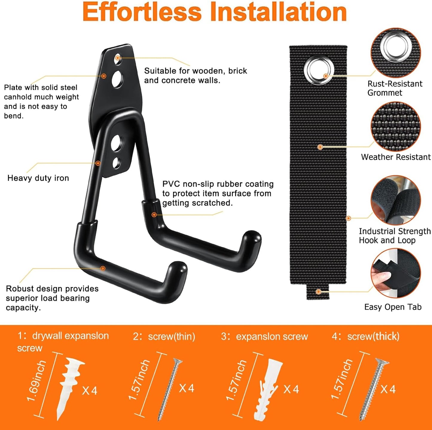 Wall Mounted Heavy Duty Garage Hooks 4 Pack with Extension Cord Holder Organizer - 7.7 inch U Shaped Long Hanger for Power and Garden Tool Hanging, Ladders, Bikes, Hose Storage System