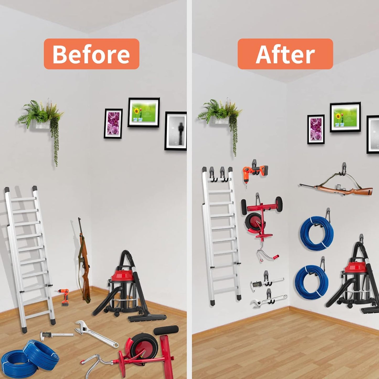 Wall Mounted Heavy Duty Garage Hooks 4 Pack with Extension Cord Holder Organizer - 7.7 inch U Shaped Long Hanger for Power and Garden Tool Hanging, Ladders, Bikes, Hose Storage System